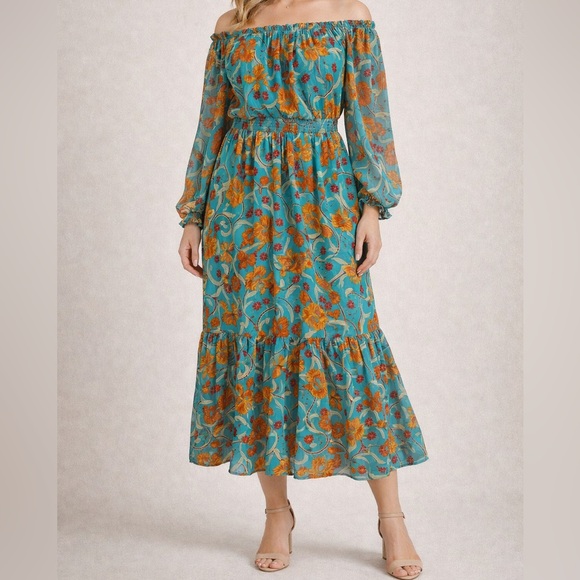 sofia by sofia vergara Dresses & Skirts - Sophia Vergara Summer Maxi Dress teal orange floral size M